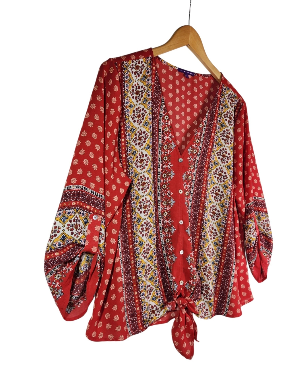 West Kei Women’s L Red Boho Mixed Print Tie Front Blouse 3/4 Sleeve Flowy Fall - Picture 2 of 12
